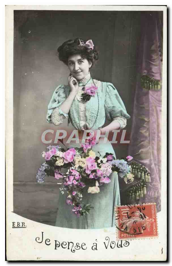 Je pense à Vous — Femme en robe verte tenant un bouquet — E.B.R.