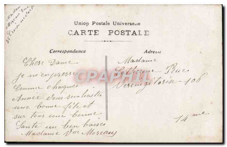 Je pense à Vous — Femme en robe verte tenant un bouquet — E.B.R. — Verso