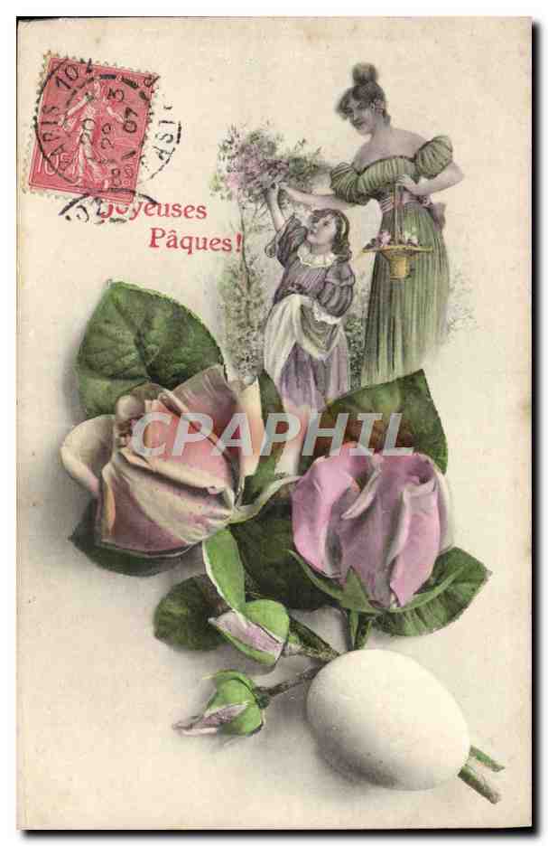 Fête de Pâques — femme et enfant avec roses et œuf — éditeur A. S. série 428