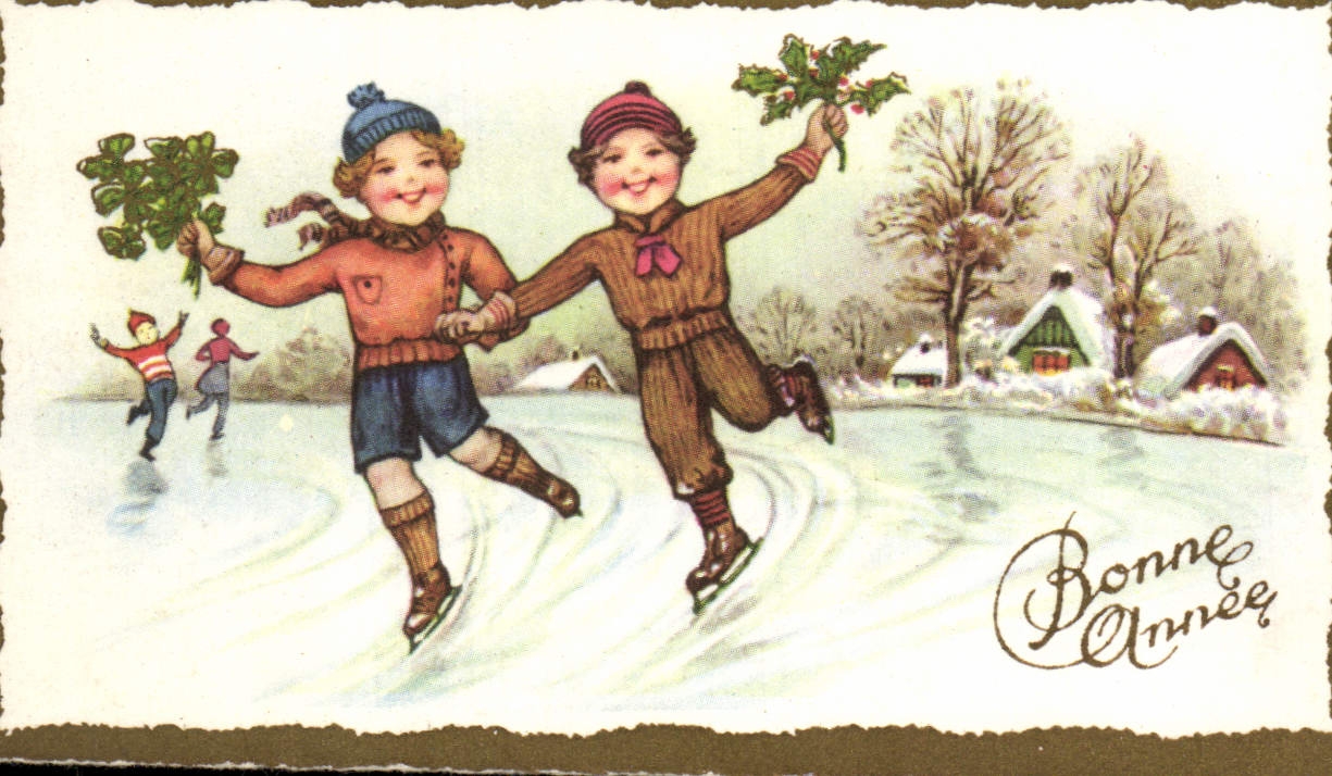 CPA Bonne Annee Enfants Patins a glace