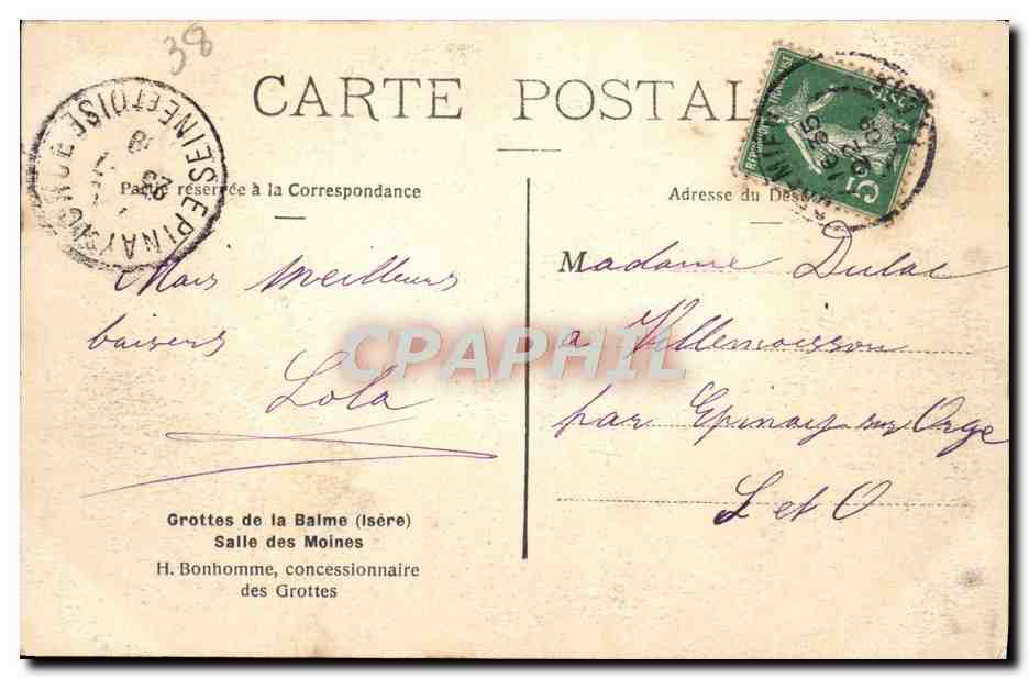 Grottes de la Balme — Salle des Moines — H. Bonhomme, concessionnaire — Verso