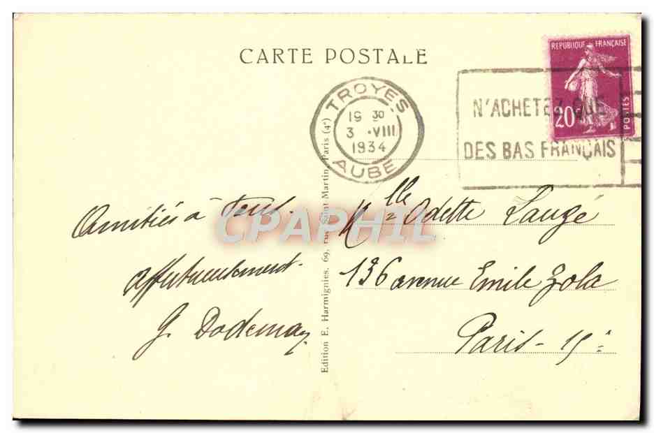Troyes — Jardin de la Préfecture et St-Urbain — Harmigny — Verso