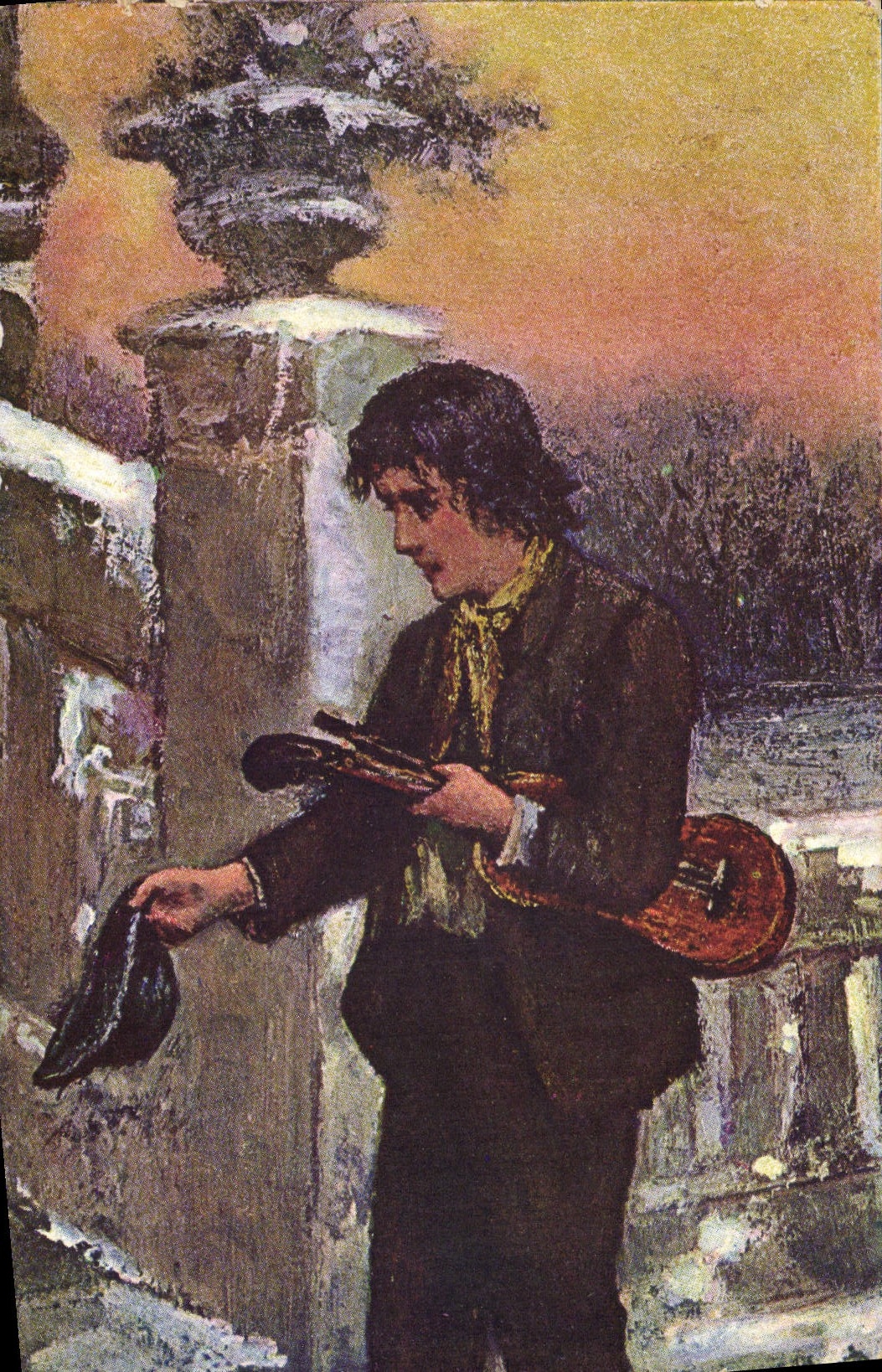 Jeune musicien avec violon — scène hivernale — éditeur Lervilles