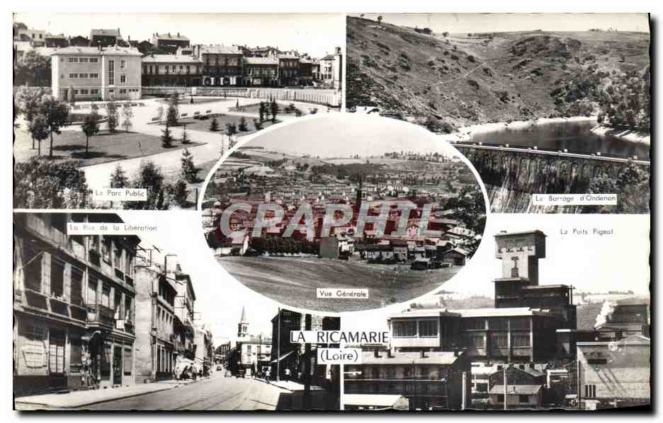CPM La Ricamarie Le parc public Le barrage d'Ondemon La rue de la liberation Le puits Pigeot