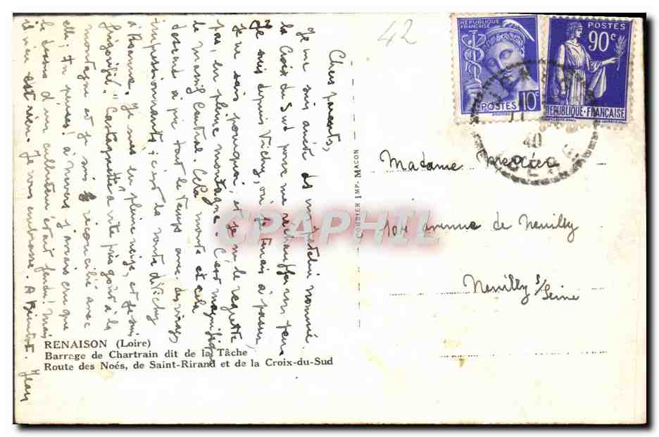 CPA Renaison Barrege De Chartrain Dit De La Tache Route des Noes de Saint Rirand et de la Croix du Sud — Rückseite
