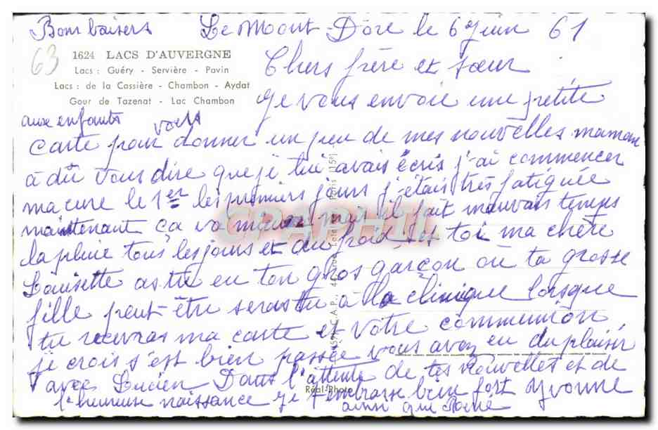 CPM L'Auvergne Ses Lacs Guery Serviere Pavin La Cassiere Chambon Aydat Gour de Tazenat Lac Chambon — Rückseite