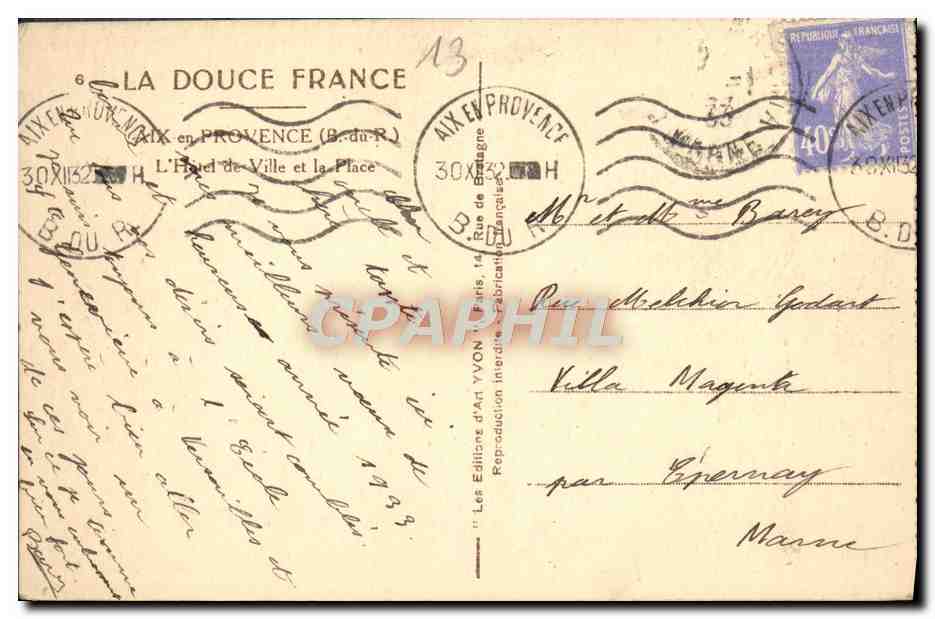 Place de la République à Aix-en-Provence — éditeur Les Éditions d'Art Yvon, n°13 — Verso