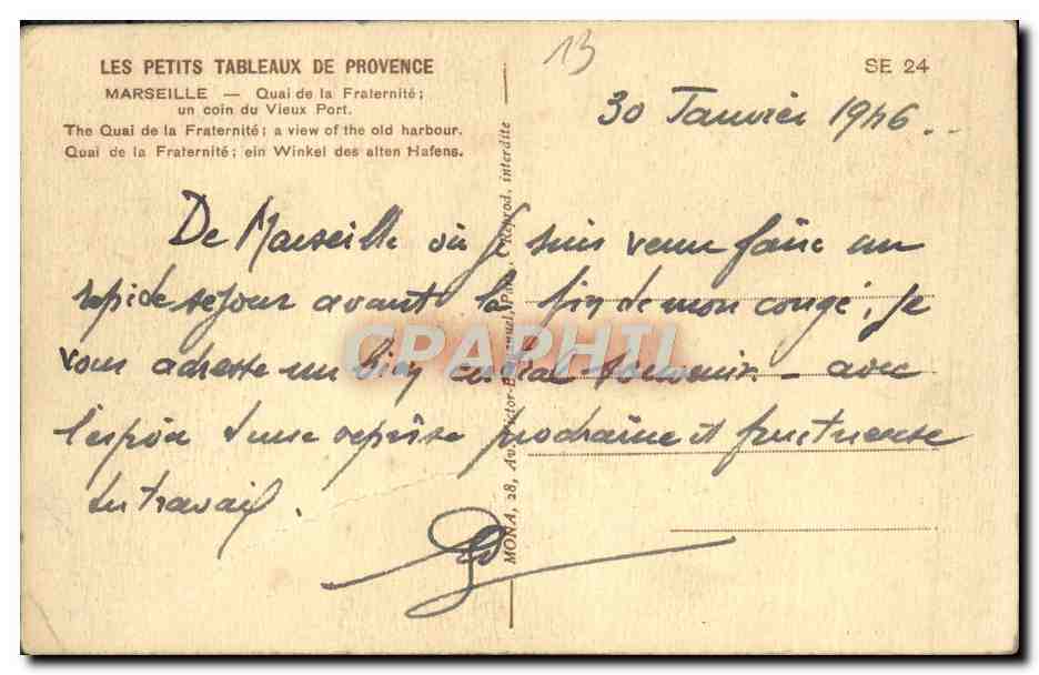 CPA Marseille Quai de la Fraternite un coin du Vieux Port  — Verso