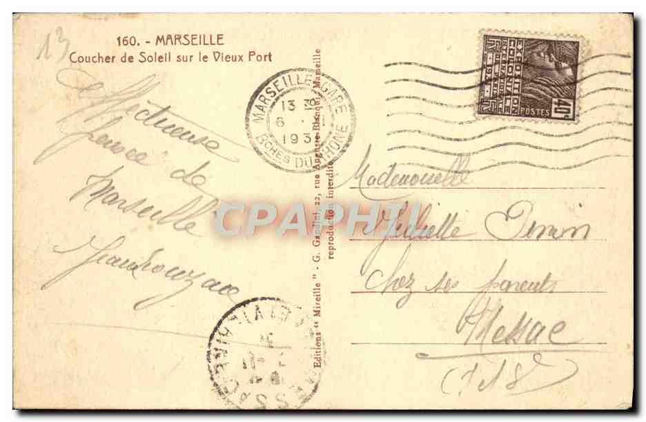 CPA Marseille Coucher de Solell sur le Vieux Port  — Rückseite