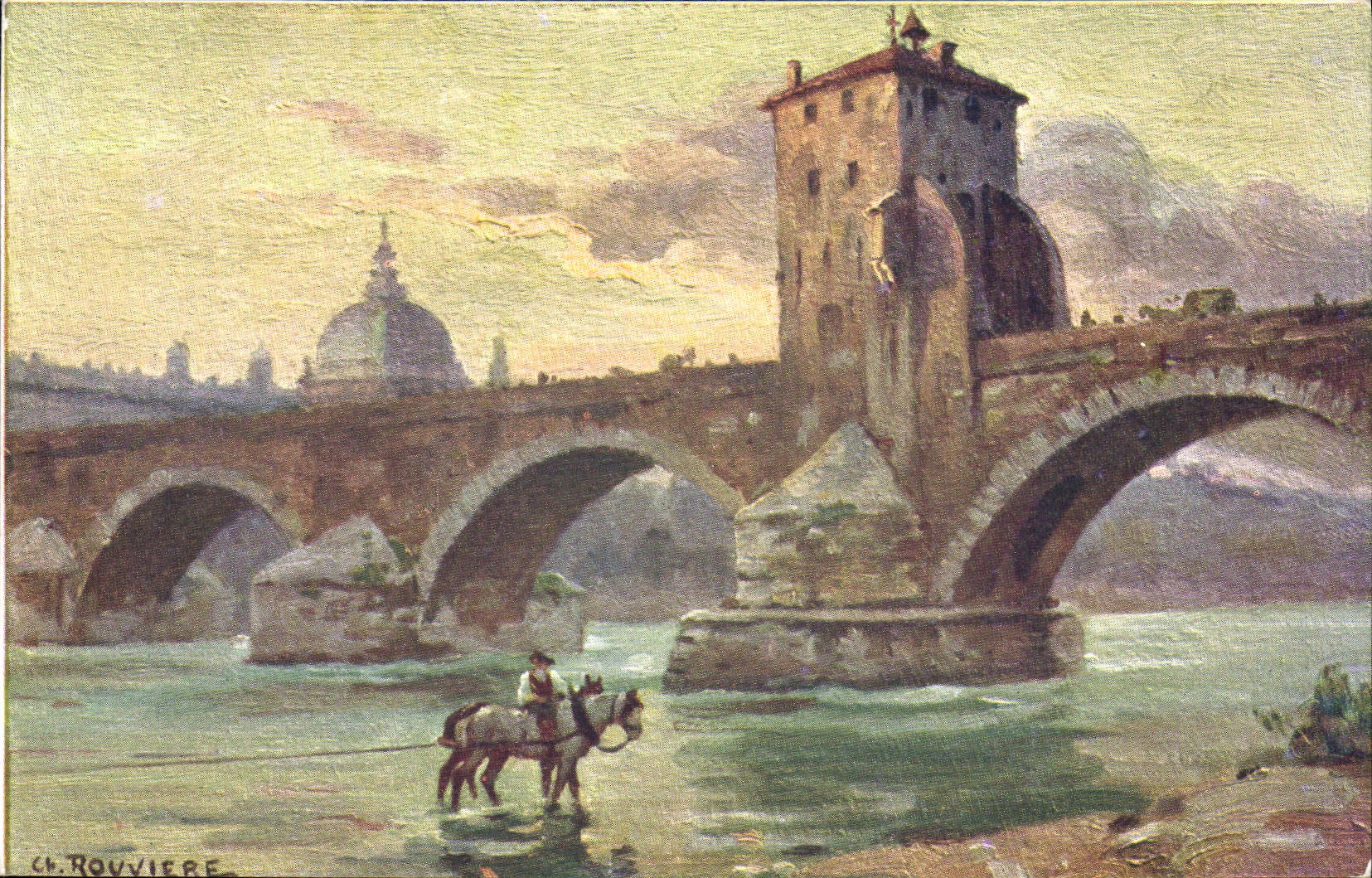 Lyon Ancien — Le Pont de la Guillotière et sa Redoute (fin xviie s.) — Édition P. Grange et C°