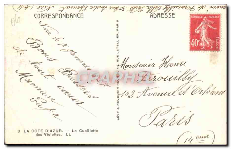 CPA Cote d'Azur La cueillette des violettes — Rückseite