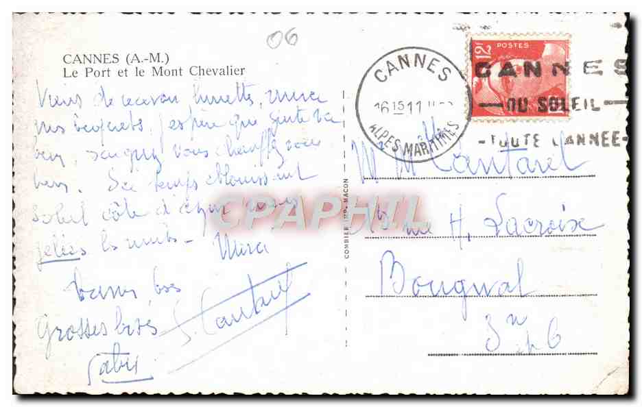 CPA Cannes Le Port et lee Mont Chevalier Bateaux — Rückseite