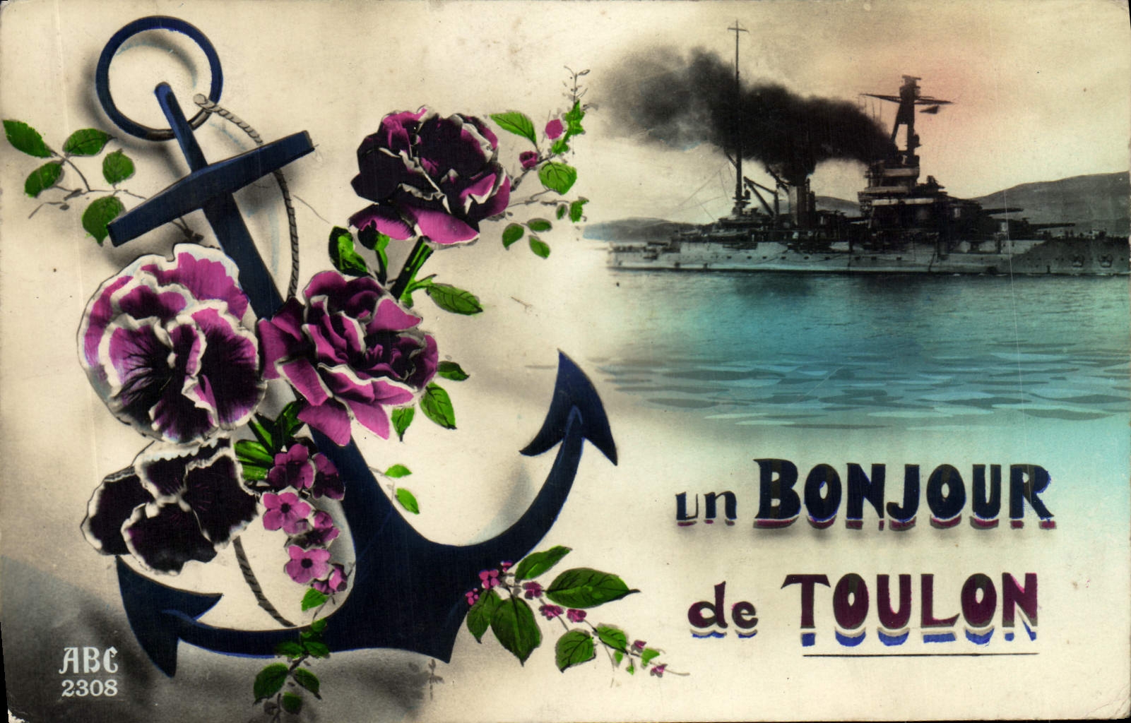 CPA Un Bonjour de Toulon Bateau de guerre Ancre