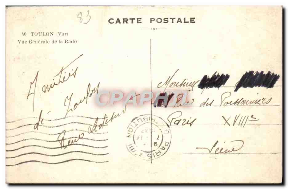 Vue Générale de la Rade — Toulon (Var) — éditeur non visible — Verso