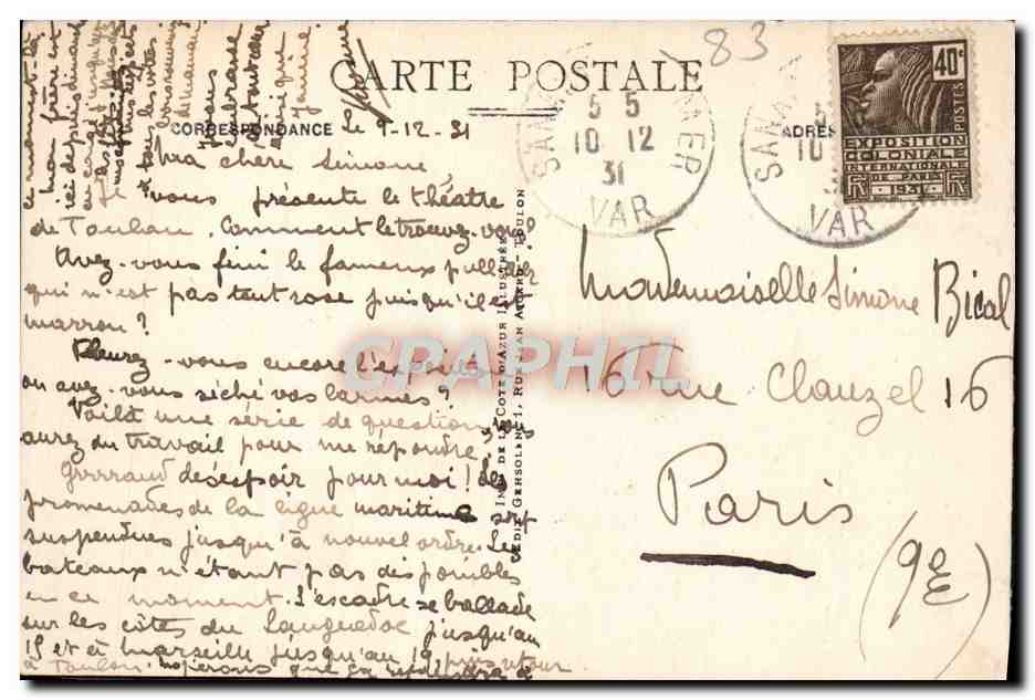 CPA Toulon Le Theatre et la Caisse d'Epargne  — Rückseite