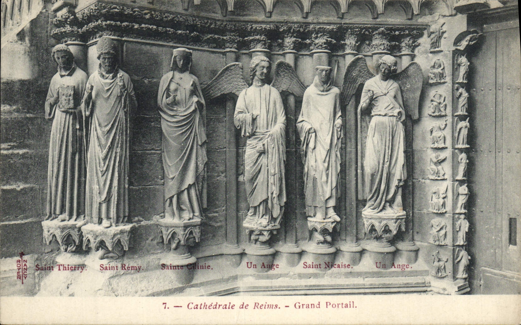 Cathédrale de Reims — Grand Portail — Statues de Saint Thierry, Saint Remy, Sainte Ginie, Un Ange, Saint Nicaise, Un Ange