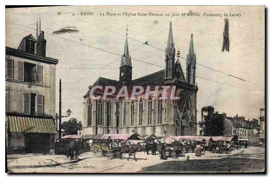 Reims - La Place et l'Église Saint-Thomas un jour de marché (Faubourg de Laon)