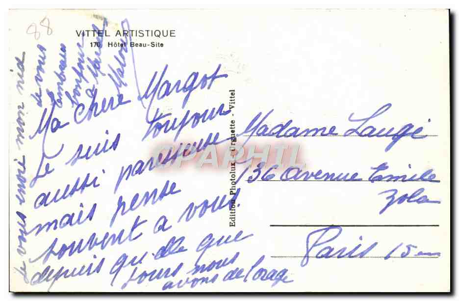 CPA Vittel Artistique Hotel Beau Site — Verso