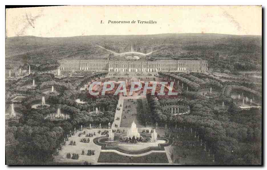 Panorama de Versailles — vue aérienne du château et des jardins — A. Boudrier, imp.-édit., Versailles