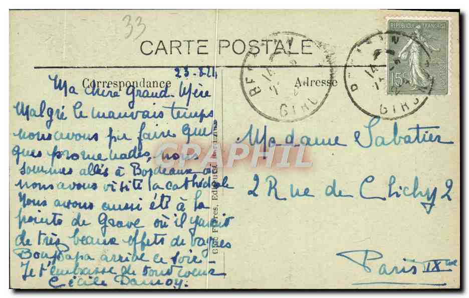 CPA Bordeaux La Rue Vital Cartes Les fleches de la cathedrale  — Verso