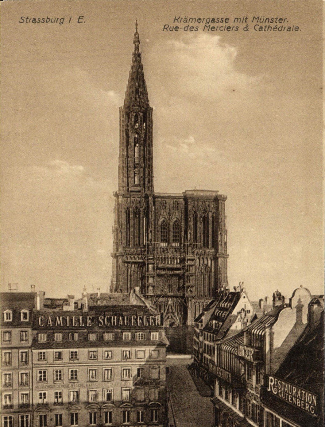 CPA Strasbourg Rue des Merciers et Cathedrale Restauration Gutenberg Camille Schauffler