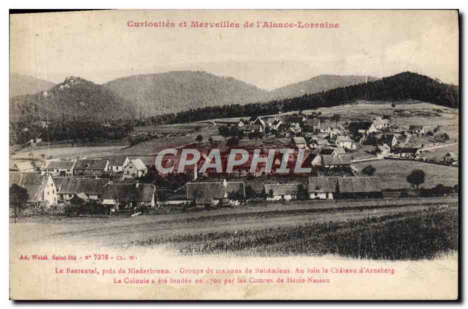 Le Baerental, près de Niederbronn — Groupe de maisons de Bohémiens, Château d'Arnsberg — Ad. Welek, Saint-Dié, n° 7378