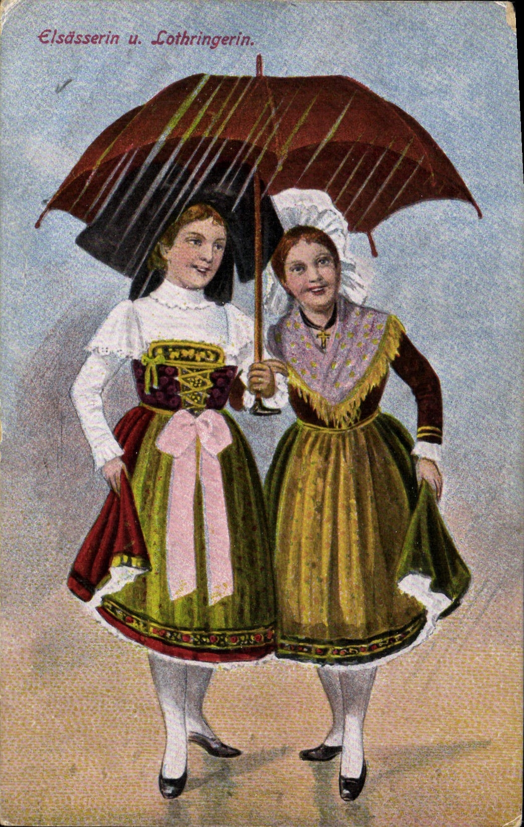 Elsässerin u. Lothringerin — deux jeunes femmes en costumes régionaux sous un parapluie — éditeur : Kunstverlagsanstalt, Strasbourg