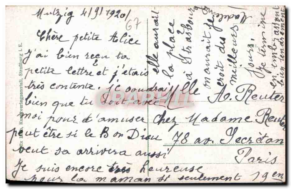 Elsässerin u. Lothringerin — deux jeunes femmes en costumes régionaux sous un parapluie — éditeur : Kunstverlagsanstalt, Strasbourg — Verso