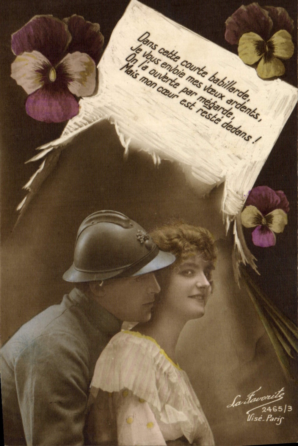 Soldat et femme — scène amoureuse avec poème — La Favorite, n°2465/3, Paris