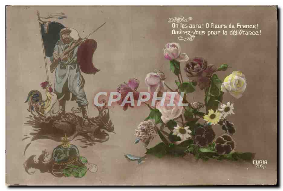 CPA Fantaisie Fleurs Soldat Militaria Aigle Coq