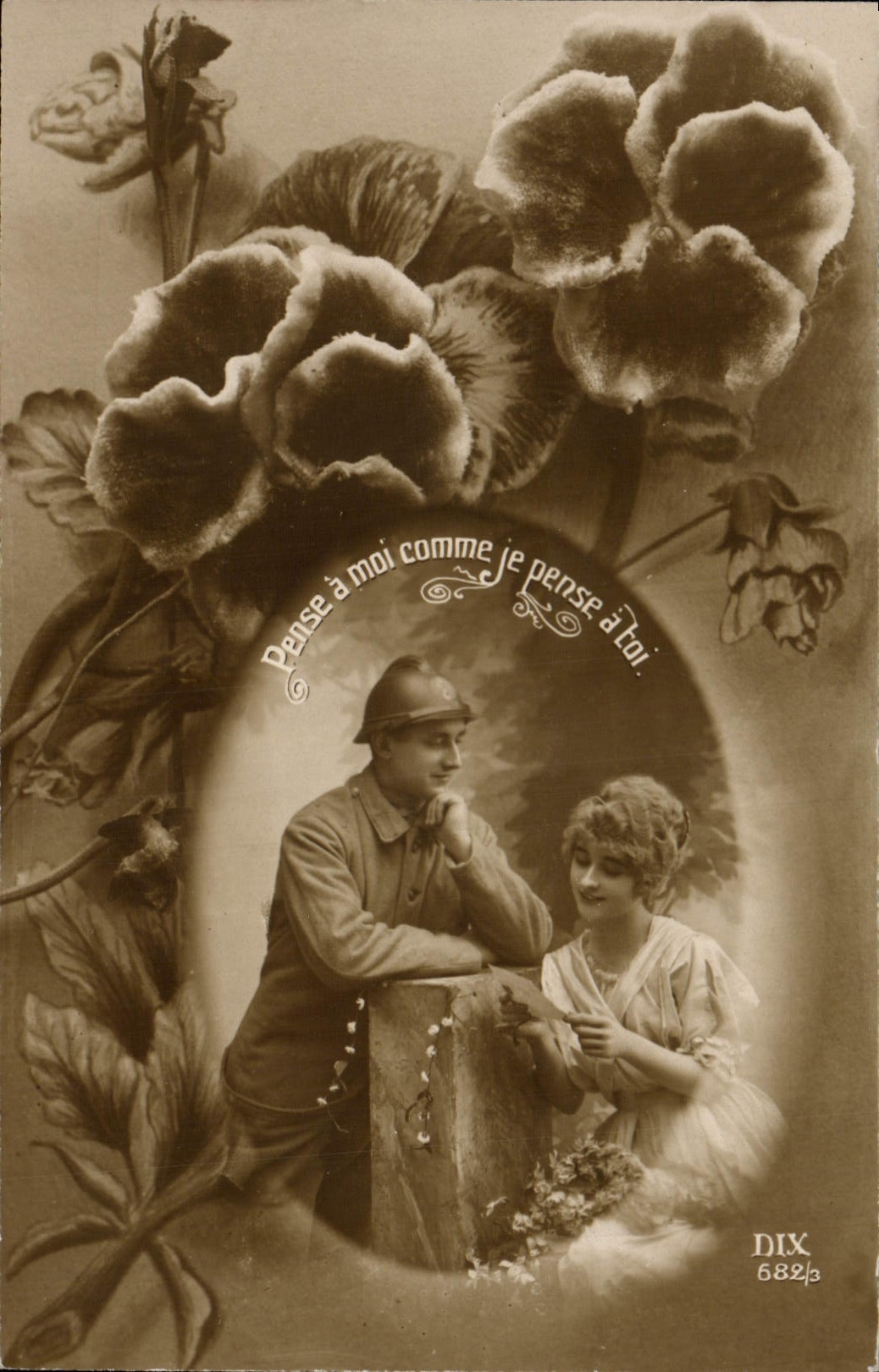 Soldat et femme — carte postale de guerre — éditeur DIX n° 6823