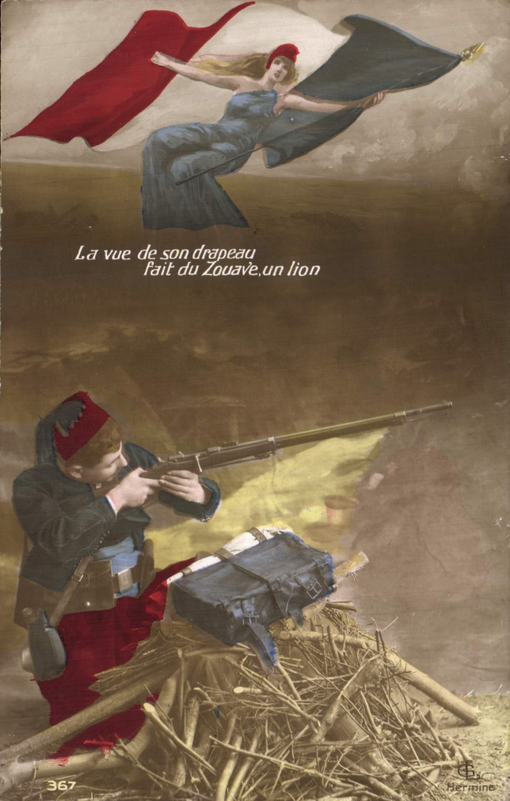 CPA La vue de son drapeau fait du zouave un lion Drapeau Marianne Militaria 