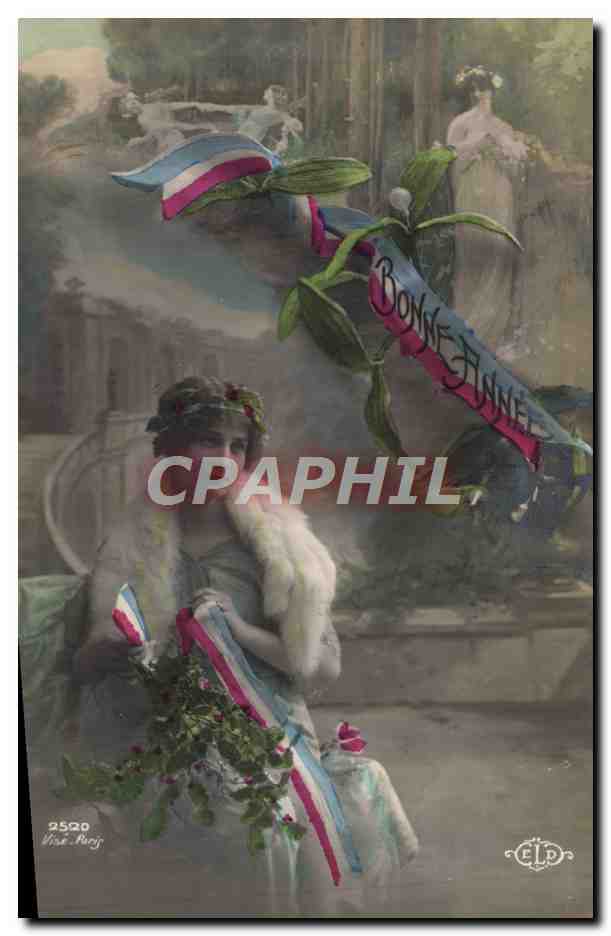 Femme en robe blanche tenant un bouquet de laurier et un drapeau tricolore — Bonne Année — éditeur Vise, Paris, n° 2520
