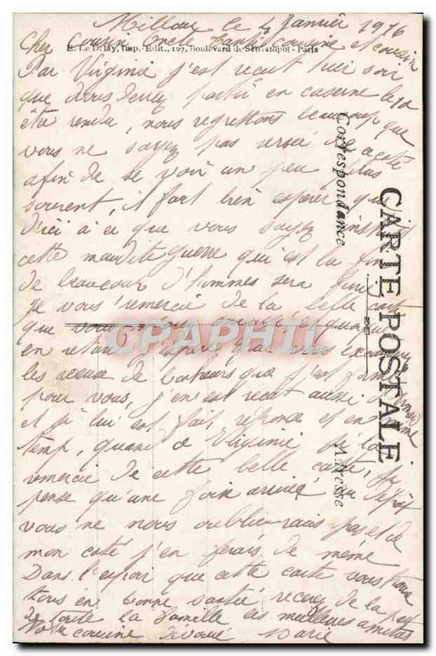 Femme en robe blanche tenant un bouquet de laurier et un drapeau tricolore — Bonne Année — éditeur Vise, Paris, n° 2520 — Verso
