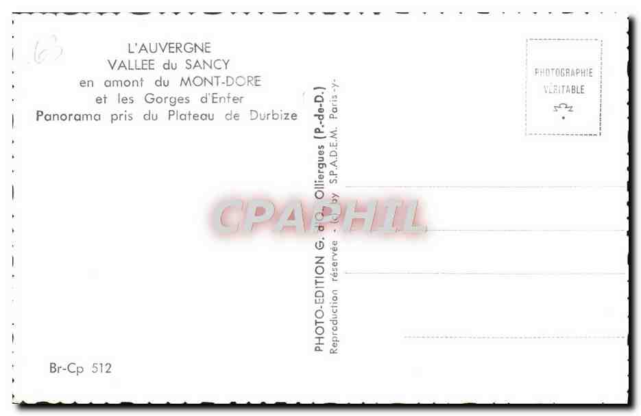 CPM L'Auvergne Vallee du Sancy en amont du Mont Dore et les gorges d'enfer Panorama pris du plateau de Durbize — Verso