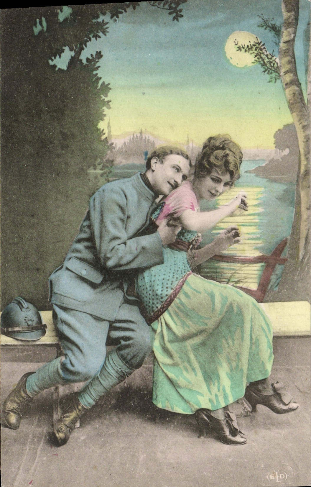 Soldat et femme au bord d'un lac — scène romantique — éditeur B.L.D.