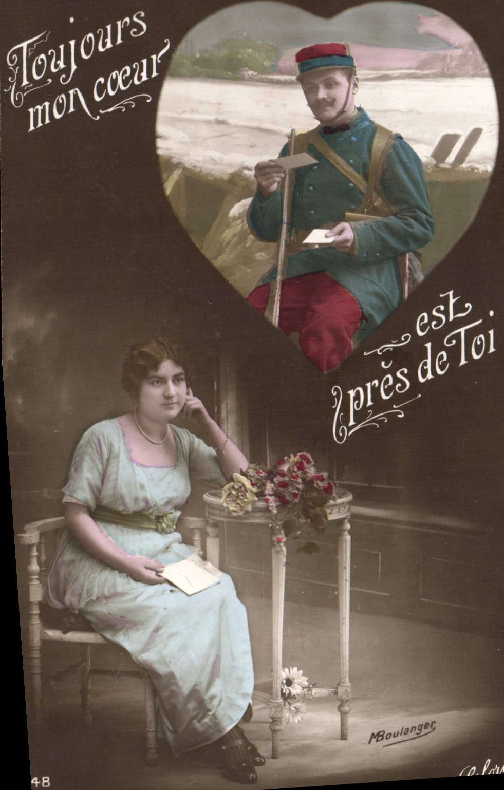 CPA Fantaisie Femme Soldat Militaria Coeur