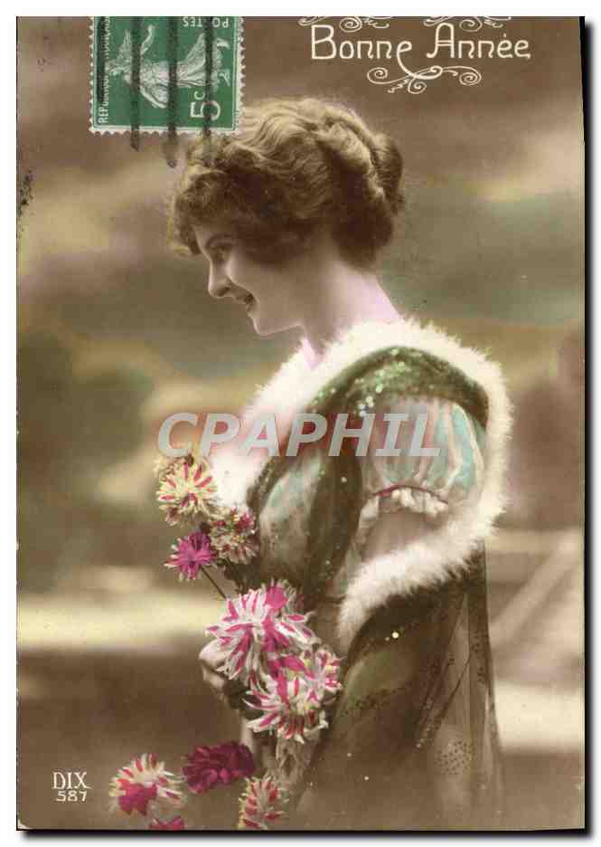 Femme en fourrure tenant des fleurs — Bonne Année — DIX 587