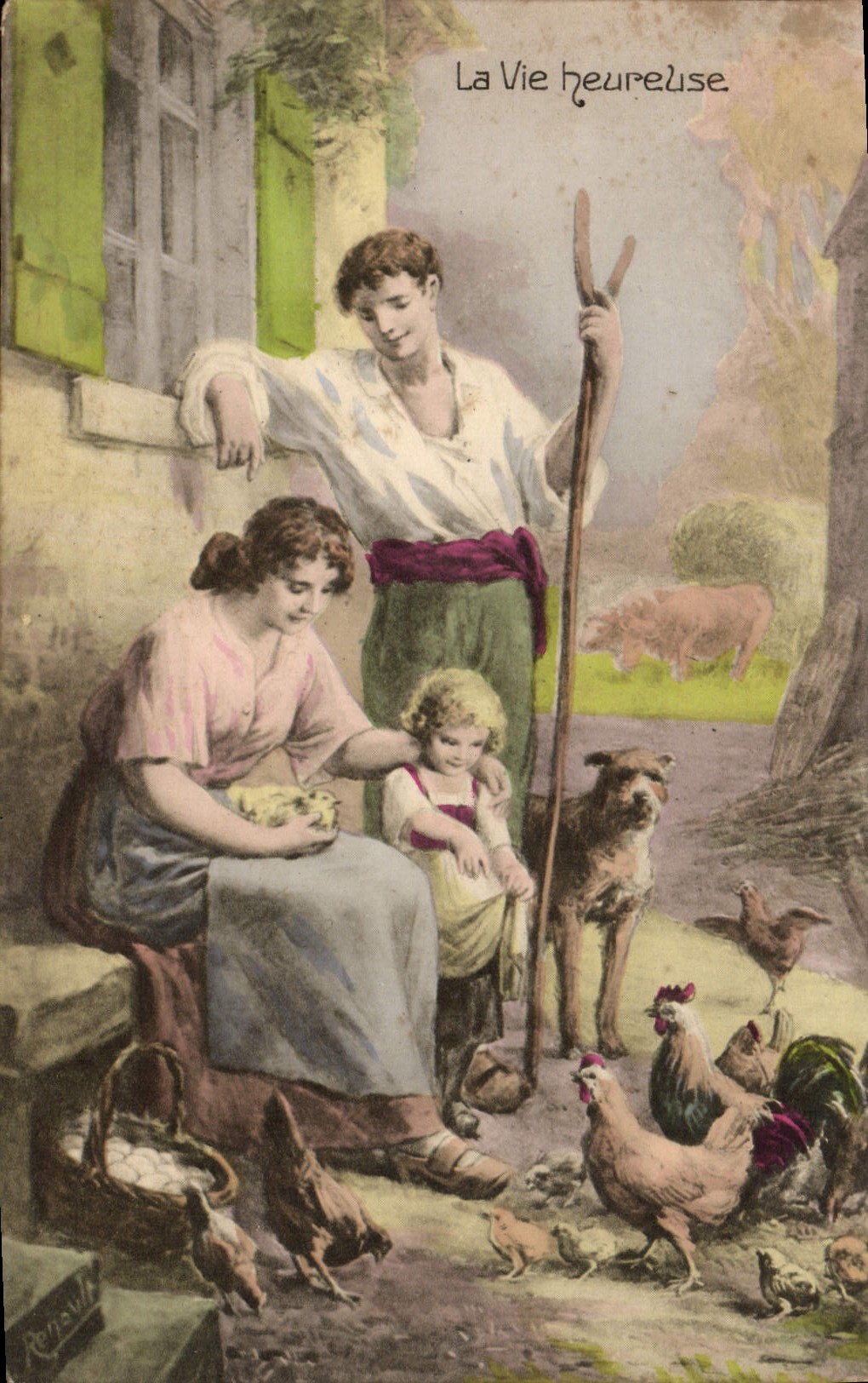 CPA Fantaisie Femme Le vie heureuse Poules Chien Ferme 