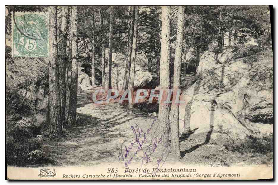 Bosque de Fontainebleau — Rocas Cartouche y Mandrin — Cabalgata de los Bandidos (Garganta de Apremont) — editor no visible, n.º 385