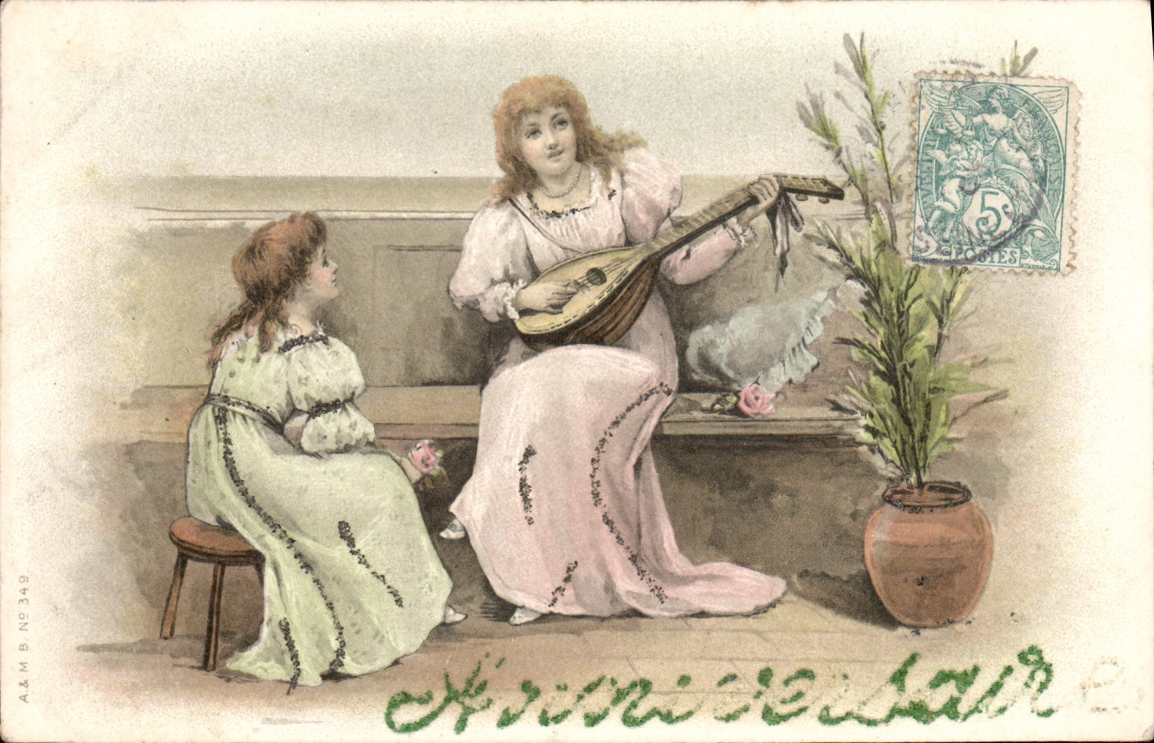Fête d'anniversaire — jeune fille jouant de la mandoline à côté d'une autre jeune fille — A&M B N°349