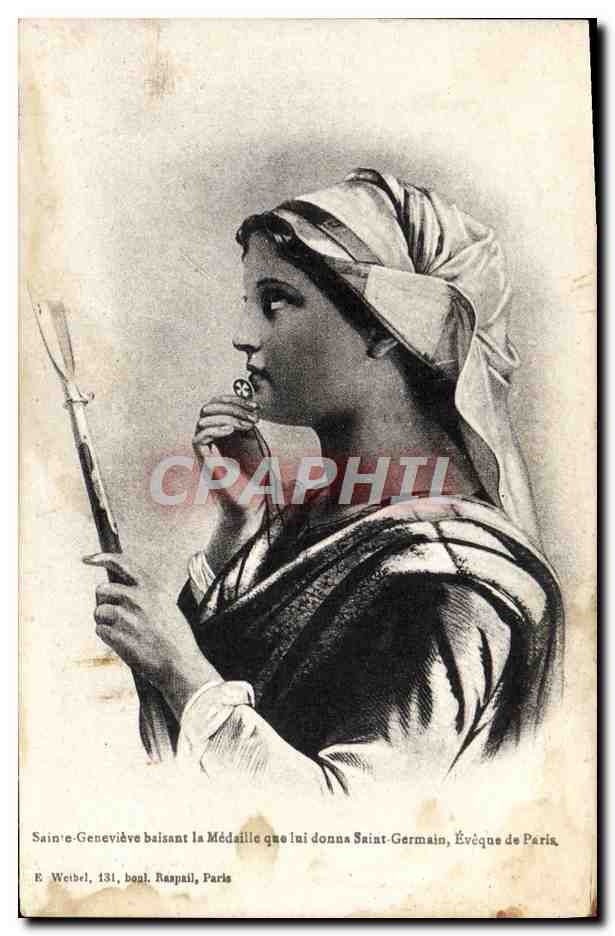 CPA Fantaisie Sainte Genevieve baisant la medaille 