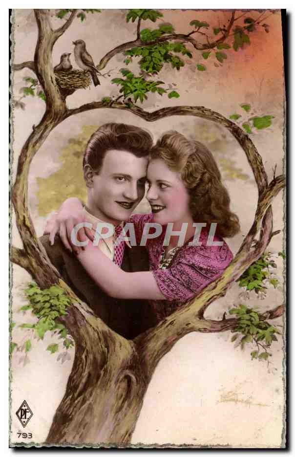Couple amoureux dans un arbre en forme de cœur — éditeur P.F. n°793
