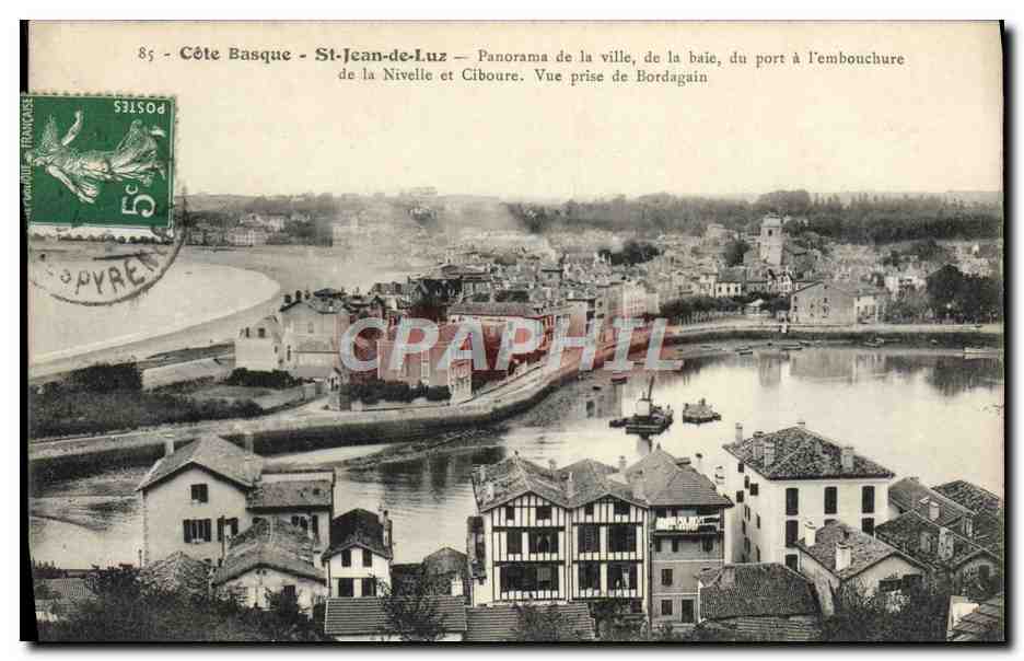 St-Jean-de-Luz — Panorama de la ville, de la baie, du port à l'embouchure de la Nivelle et Ciboure — Vue prise de Bordagain