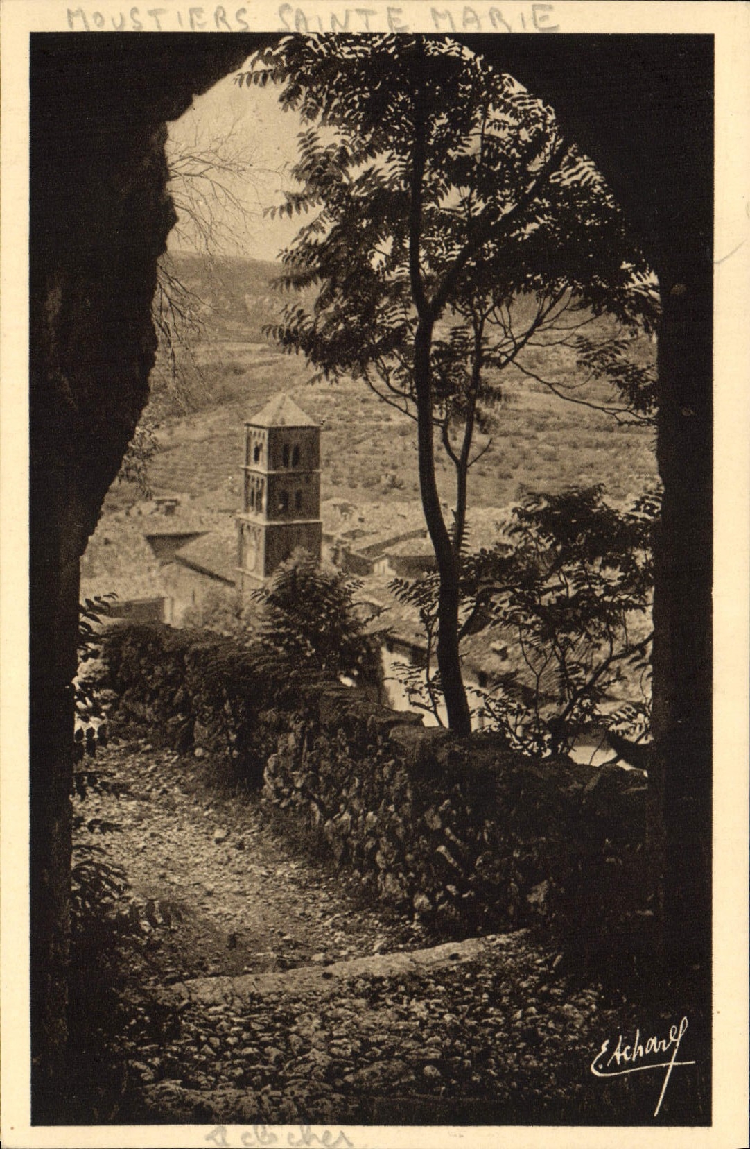 Moustiers-Sainte-Marie — The bell tower viewed from the path of Notre-Dame — Etchard