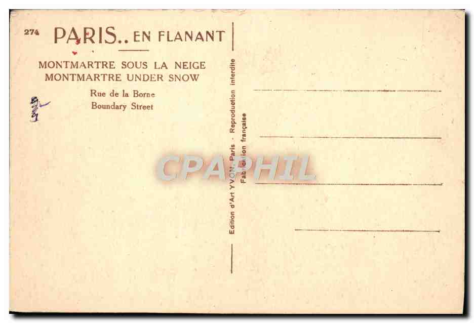 CPA Paris Montmartre Sous La Neige Rue de la Borne  — Rückseite