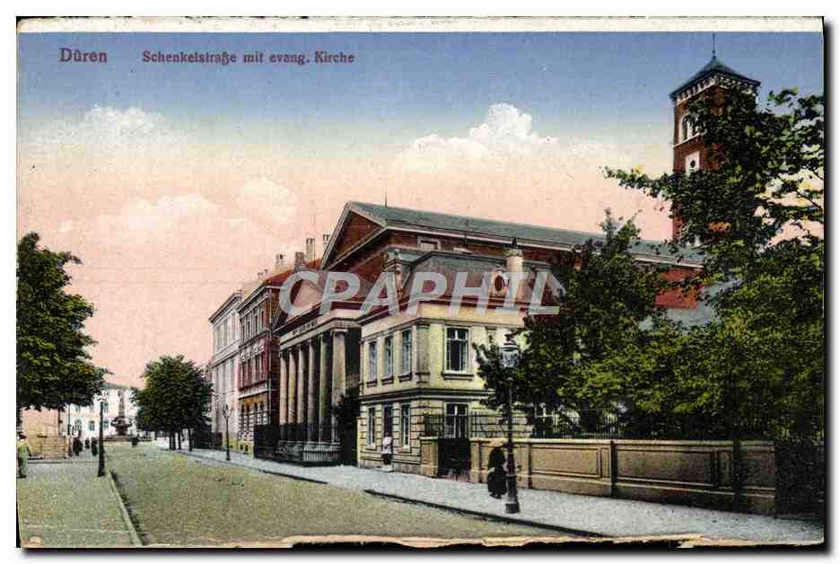 CPA Duren Schenkelstrafse mit evang Kirche
