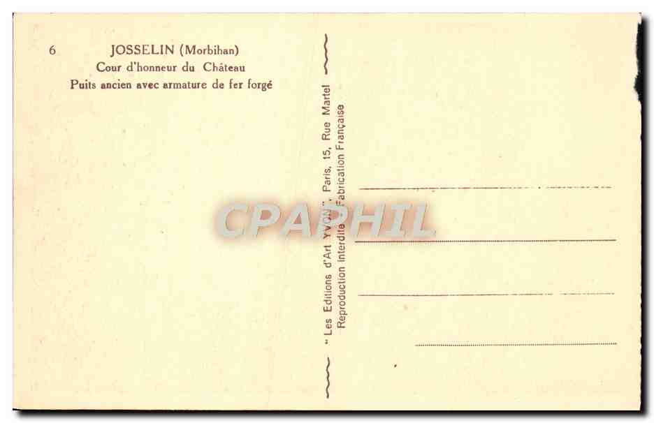Josselin (Morbihan) — Cour d'honneur du Château — Puits ancien avec armature de fer forgé — Éditions d'Art Yvov, n° YV07 — Back