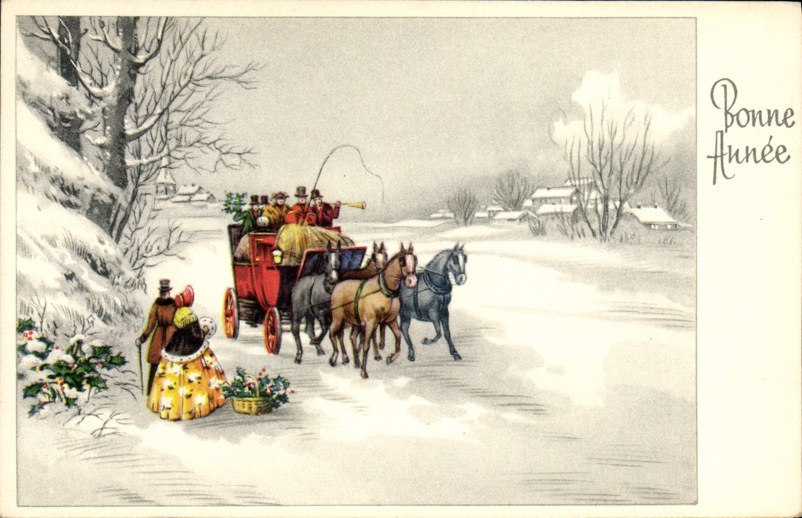 CPA Bonne Annee Caleche Chevaux 