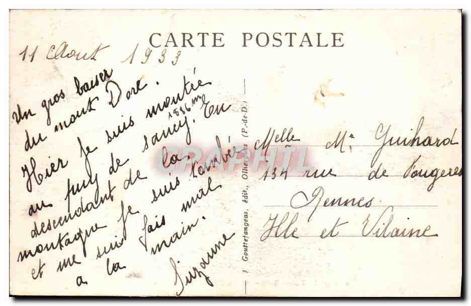 CPA L'Auvergne Sommet du Sancy Ane Mule  — Rückseite
